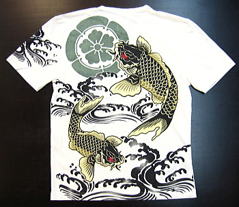和柄半袖Tシャツ 荒波に鯉・家紋
